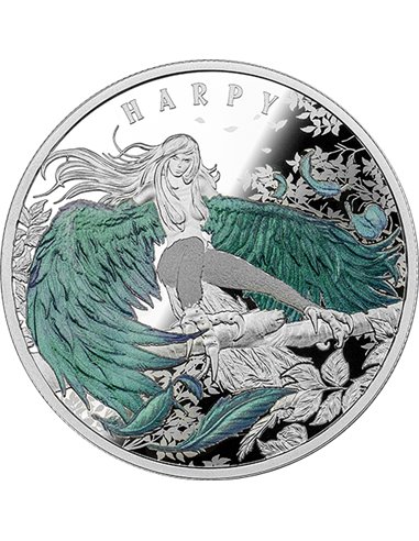 HAUNTING HARPY Colore Enemal Olografico Moneta Argento 1 Oz 1$ Niue 2023