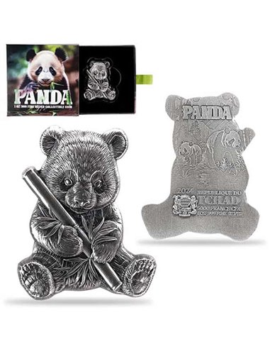 Pièce Antique En Forme De Panda Haut Relief 1 Oz Argent 5000 Francs Tchad 2024