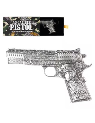 Pistolenhandfeuerwaffe im Kaliber 45, antike 2-Oz-Silbermünze, 10.000 Francs, Tschad, 2024