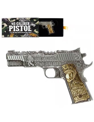 Pistolenhandfeuerwaffe Kaliber 45, vergoldet, 2 Unzen Silbermünze, 10.000 Francs, Tschad 2024