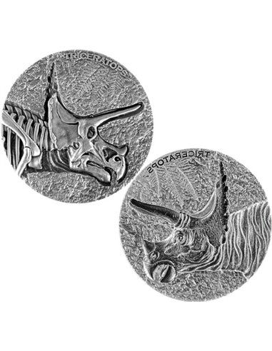 TRICERATOPO La Leggenda dei Dinosauri Perduti Set 2 Monete Argento da 2 Oz 10000 Franchi Ciad 2024