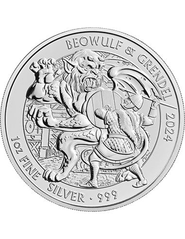 БЕОВУЛЬФ и ГРЕНДЕЛЬ 1 Oz Монета Серебро 2 Фунта Великобритания 2024