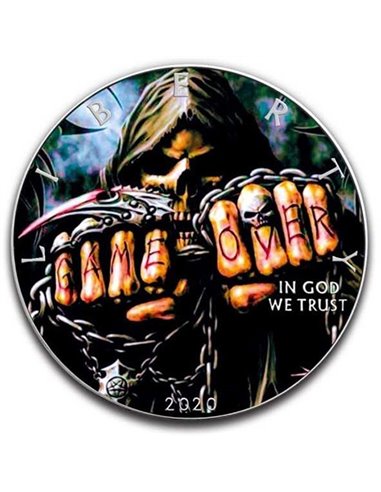 GAME OVER Skull Walking Liberty 1 Oz Moneda Plata 1$ USA 2020