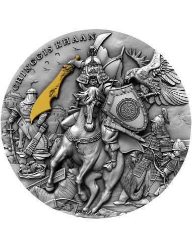 CHINGGIS KHAAN Gengis Gold Plating 2 Oz Silver Coin 5$ Niue 2019