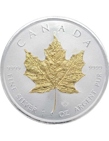 GILDED Maple Leaf 1 Oz Silver Coin 5$ Canada 2023
