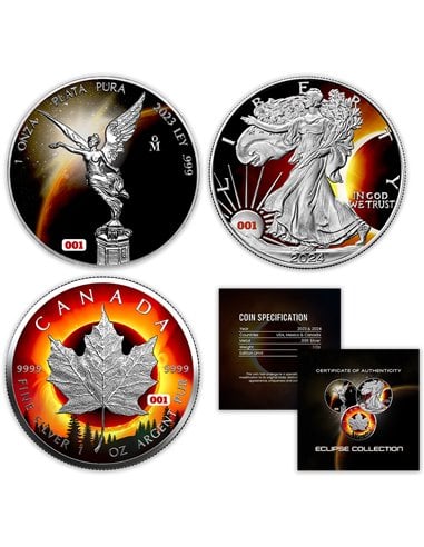 CHROMATICS TOTAL ECLIPSE Set 3 x 1 Oz Silver Coin 1$ USA Canada Mexico 2024