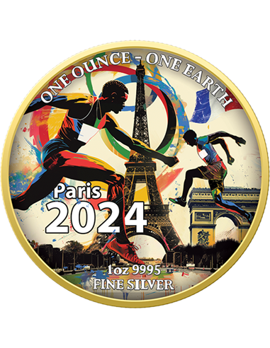 OLIMPIADI Parigi 2024 Moneta Argento Color Terra da 1 Oncia 1$ Fiji 2022