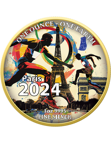 ОЛИМПИЙСКИЕ ИГРЫ Париж 2024 Серебряная монета Одна Унция Одна Земля Цвета 1$ Фиджи 2022