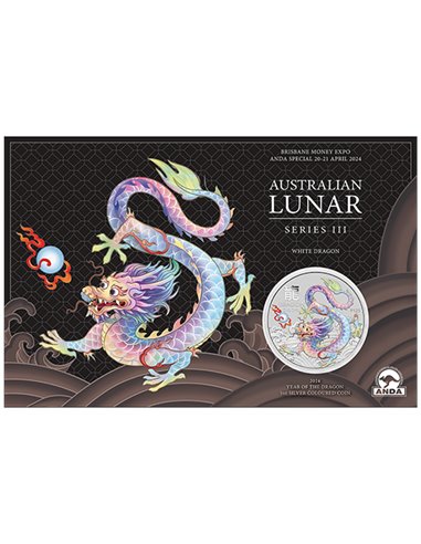 DRAGON Lunar Year Series III Colored CoinCard 1 Oz Silver Coin 1$ Australia 2024