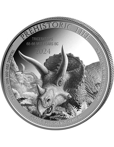 TRICERATOPS Prähistorisches Leben 1 Oz Silber Münze 20 Francs Kongo 2024