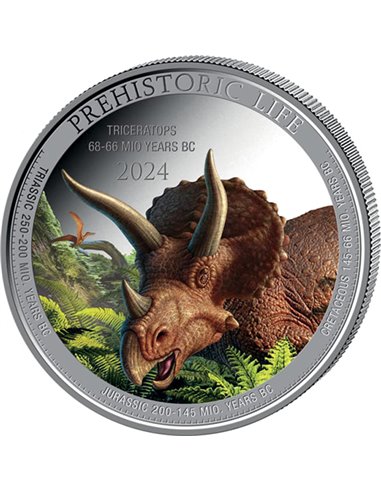 TRICERATOPS COLOR Prehistoric Life 1 Oz Монета Серебро 20 Франков Конго 2024 года