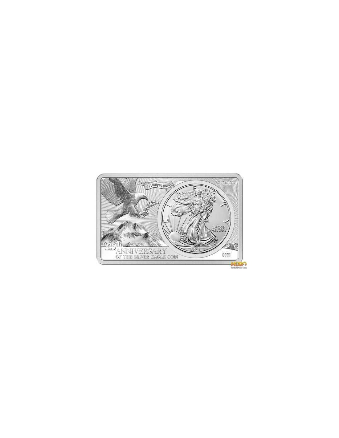 SILVER EAGLE 35th Anniversary 2 Oz Bar incl. 1 Oz Silver Coin 1$ US...