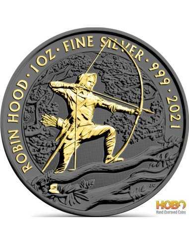 ROBIN HOOD Gold Ruthenium 1 Oz Silver Coin 2£ Royaume-Uni 2021