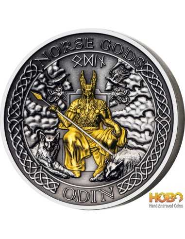 ODIN Norse Gods Позолота Серебряная монета 2 унции 1$ Острова Кука 2021