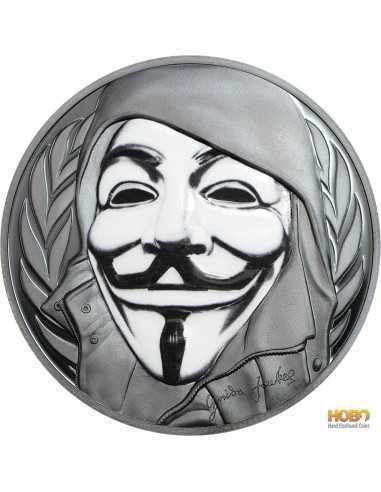 GUY FAWKES MASK Anonymous V for Vendetta 1 Oz Negro Proof Moneda Plata 5$ Cook Islands 2016