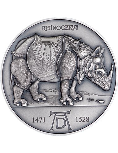 Носорог Альбрехт Дюрер 550 лет Серебряная монета 2 унции 2000 франков Камерун 2021