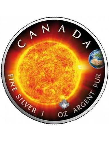 SOLEIL Système Solaire Feuille d'Érable Pièce d'Argent de 1 Oz 5$ Canada 2021