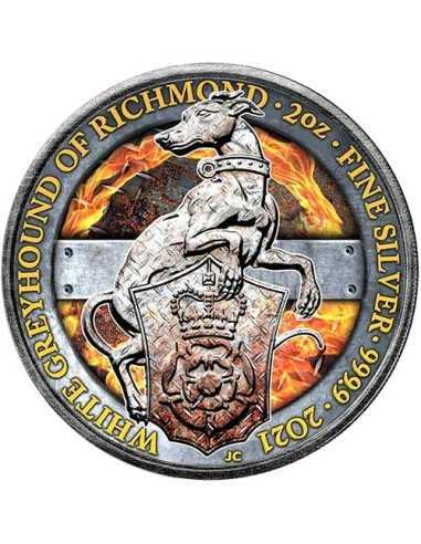 BURNING Iron Power White Greyhound Of Richmond Queen Beasts Серебряная монета 2 унции 5£ Великобритания 2021