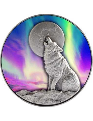 HOWLING WOLF IN THE NORTHERN LIGHTS 2 Oz Moneta Argento 10000 Franchi Ciad 2022