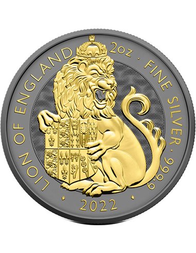 LION OF ENGLAND Gold Black Empire Tudor Beasts 2 Oz Серебряная монета 5£ Великобритания 2022