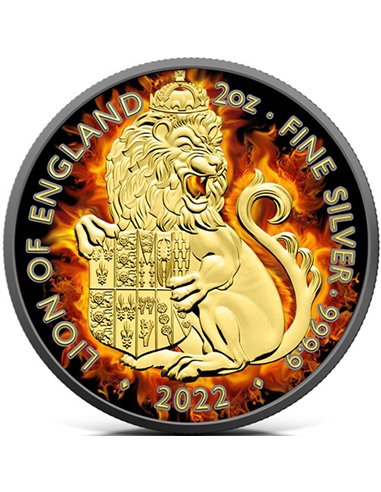 LION OF ENGLAND Burning Tudor Beasts Серебряная монета 2 унции 5£ Великобритания 2022