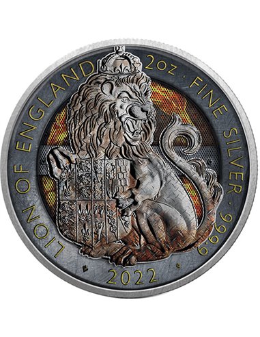 LION OF ENGLAND Iron Power Tudor Beasts 2 Oz Moneda Plata 5£ Reino Unido 2022
