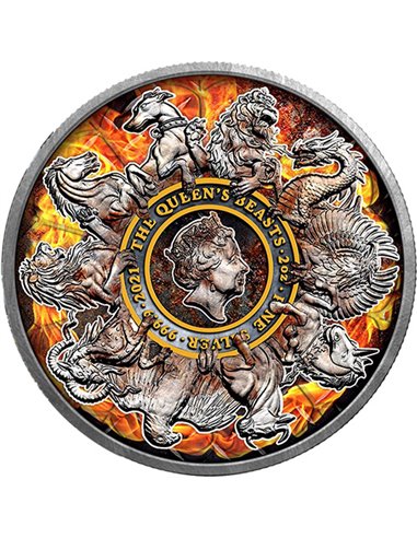 BURNING QUEEN BEASTS COMPLETER 2 Oz Silver Coin 5£ Royaume-Uni 2021