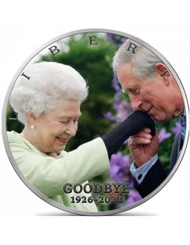 POŻEGNANIE Królowa Elżbieta II Carlo III Wolność 1 Uncja Srebrna Moneta 1$ USA 2022