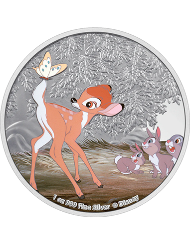 BAMBI AND BUTTERFLY Disney 80th Anniversary 1 Oz Серебряная монета 2$ Ниуэ 2022