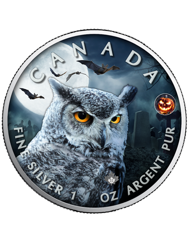 SPOOKY OWL Hoja Halloween 1 Oz Moneda Plata 5$ Canada 2022