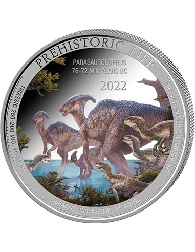 PARASAUROLOPHUS KOLOR Życie prehistoryczne 1 uncja srebrna moneta 20 franków Kongo 2022