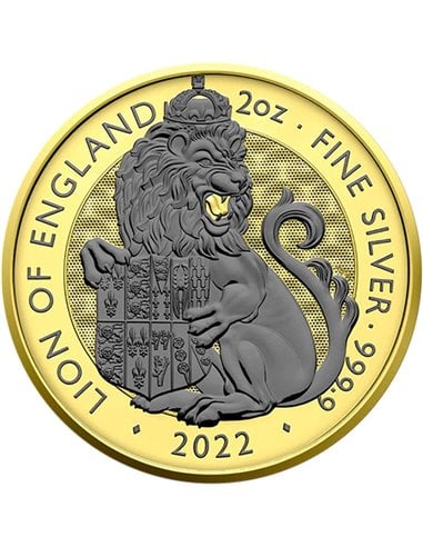 LION OF ENGLAND Black Empire Tudor Beasts 2 Oz Moneda Plata 5£ Reino Unido 2022
