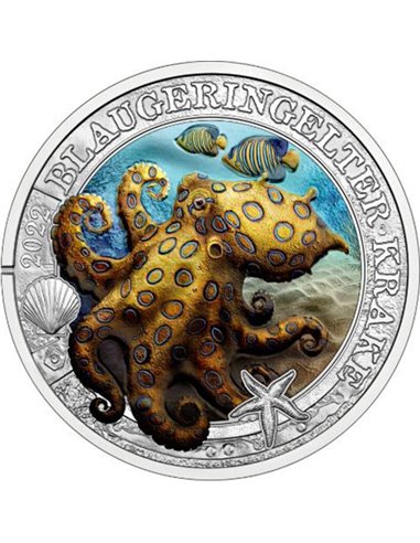 СИНЯЯ КОЛЬЦЕВАЯ ОСЬМИНОГ Люминесцентная морская жизнь из недрагоценного металла Монета 3€ Евро Австрия 2022