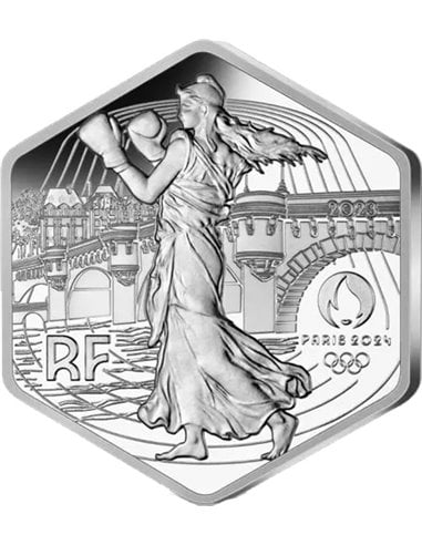 IGRZYSKA OLIMPIJSKIE Paryż 2024 Sześciokątna srebrna moneta 10 € Euro Francja 2023