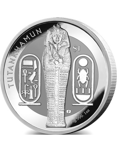 KING TUTANKHAMUN SARCOPHAGUS Moneda Proof Plata Escarchada inversa 1$ Sierra Leona 2023