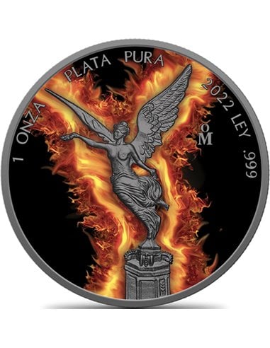 BURNING FLAMES Рутений Либертад 1 унция Серебряная монета Мексика 2022