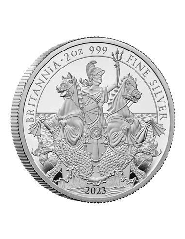 BRITANNIA Re Carlo III 2 Oz Moneta Argento 5£ Regno Unito 2023