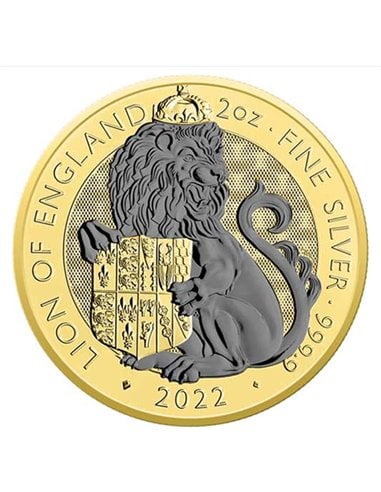 LION OF ENGLAND Tudor Beasts Золотая рутениевая серебряная монета 2 унции 5£ Великобритания 2022