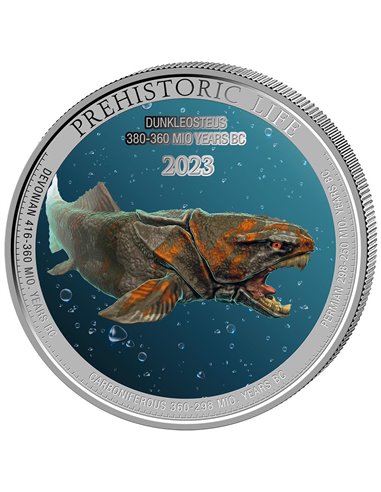 DUNKLEOSTEUS COLOR Vida Prehistorica 1 Oz Moneda Plata 20 Francos Congo 2023