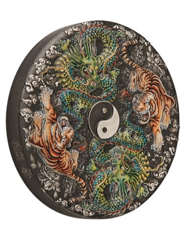 DOUBLE DRAGON & DOUBLE TIGER Yin Yang 5 Oz Moneta Argento 5$ Tuvalu 2022