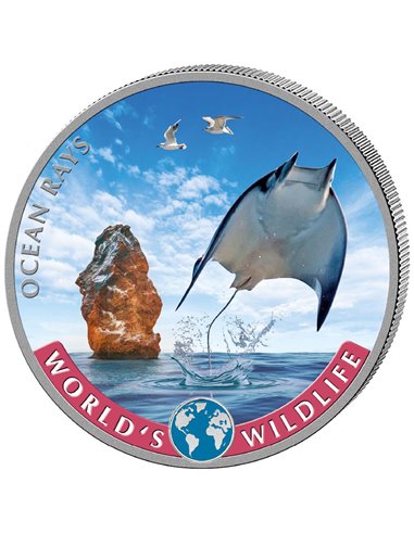 OCEAN RAYS Colored World's Wildlife Серебряная монета 1 унция 20 франков Конго 2023