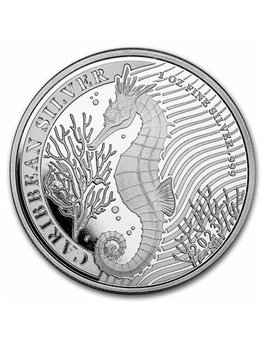 CARRIBEAN SEAHORSE 1 Oz Монета Серебро 1$ Барбадос 2023