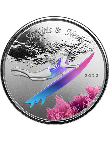 ST. KITTS & NEVIS UNDERWATER SURFER Цветная серебряная монета 1 унция пруф 2$ ECCB 2022