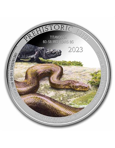 TITANOBOA Prähistorisches Leben farbige 1 Oz Silbermünze 20 Francs Kongo 2023