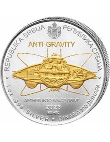 ANTIGRAVITY Nikola Tesla Doré 1 Oz Silver Coin 100 Dinars Serbie 2023