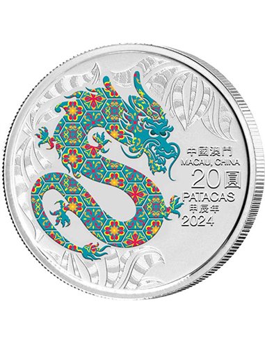 DRAGON Año Lunar 1 Oz Moneda Plata 20 Patacas Macau 2024