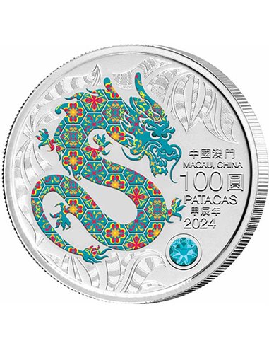 DRAGON Año Lunar 5 Oz Moneda Plata 100 Patacas Macau 2024