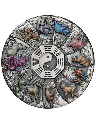 12 LUNAR ANIMALS Colored Chinese Calendar 5 Oz Silver Coin 5$ Tuvalu 2023
