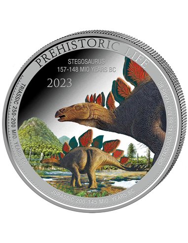 STEGOSAURUS COLOR Prähistorisches Leben 1 Oz Silbermünze 20 Francs Kongo 2023