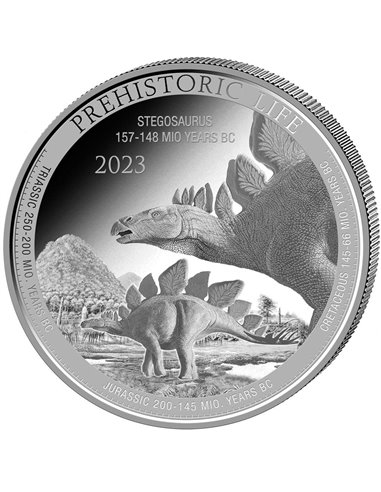 STEGOSAURUS Prähistorisches Leben 1 Oz Silbermünze 20 Francs Kongo 2023